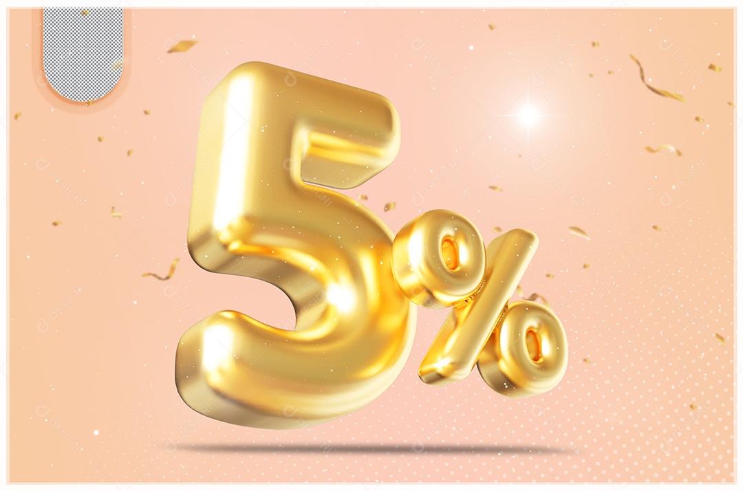Elemento 3D Número 5% Desconto Dourado para Composição PSD