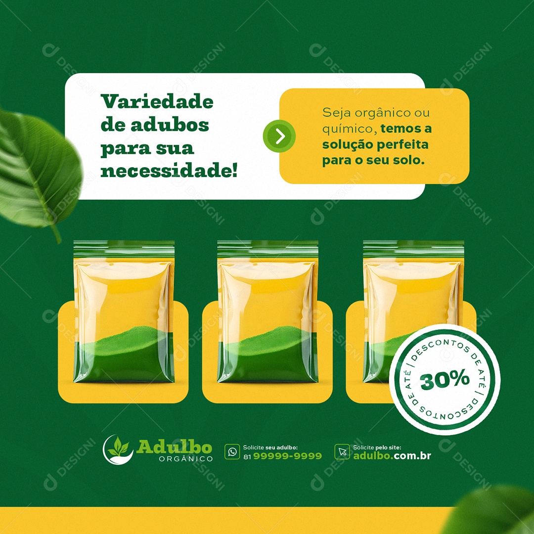 Adulbo Orgânico Variedade de Adubos para Sua Necessidade Social Media PSD Editável