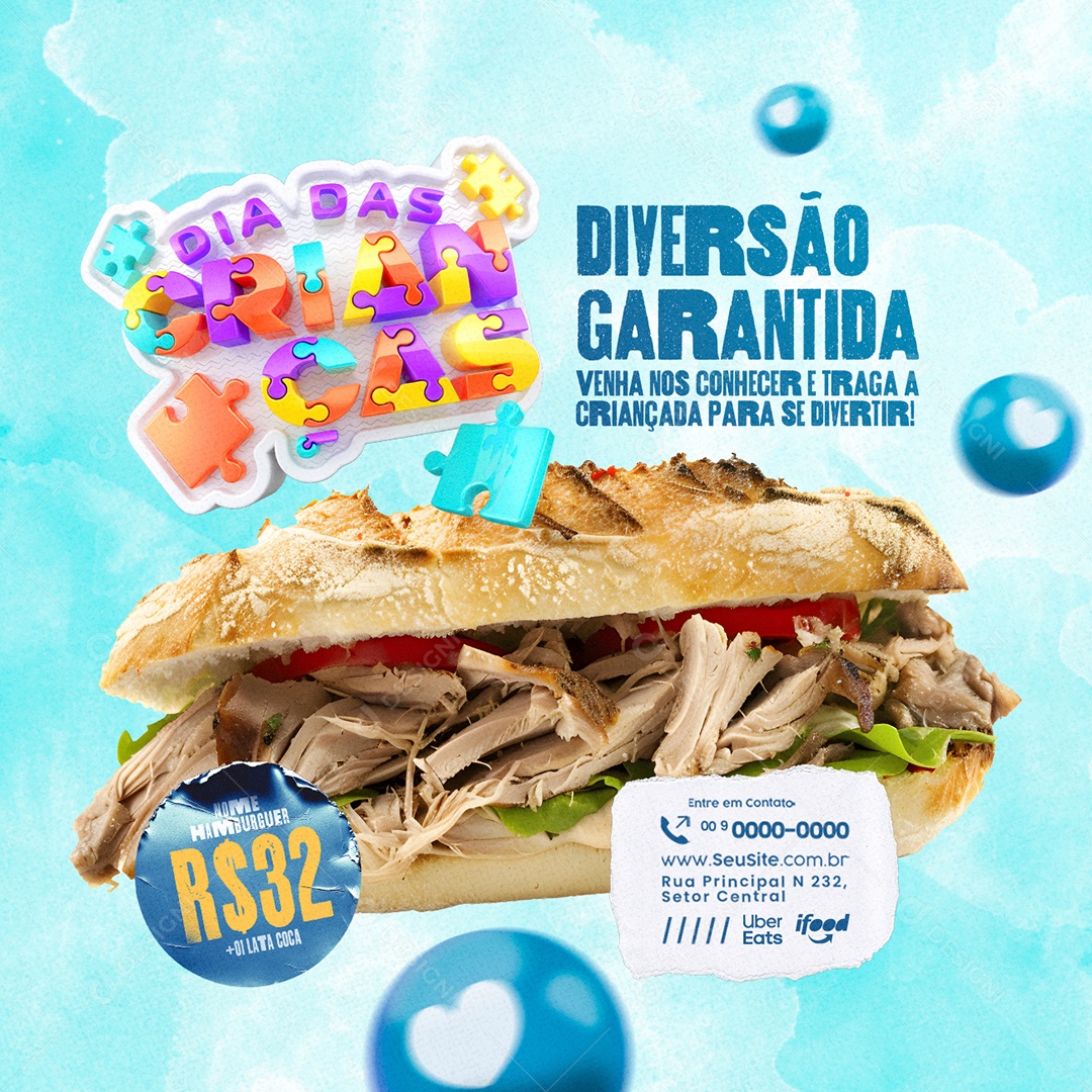 Social Media Dia das Crianças Lanchonete Diversão Garantida PSD Editável