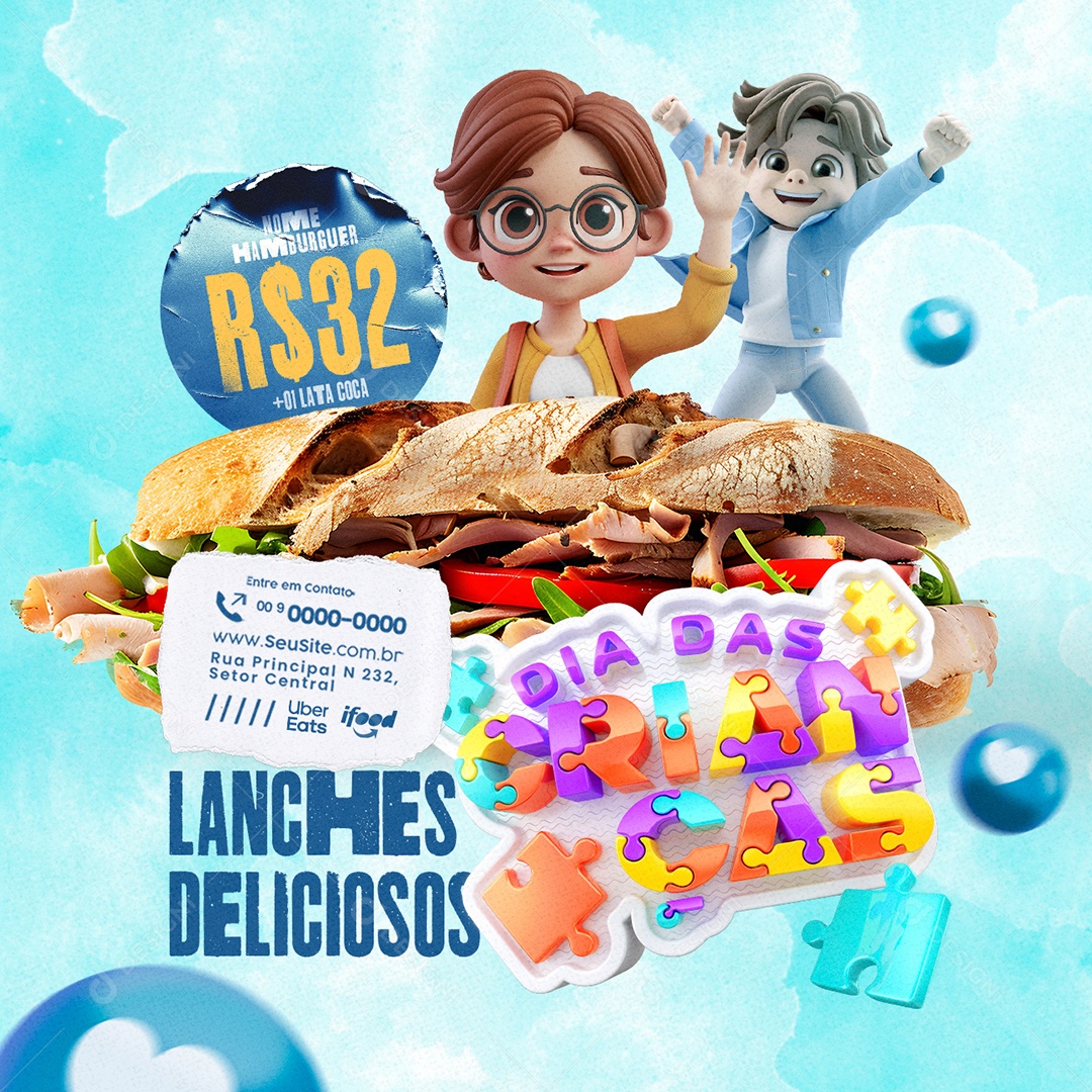 Dia das Crianças Lanchonete Lanches Deliciosos Social Media PSD Editável