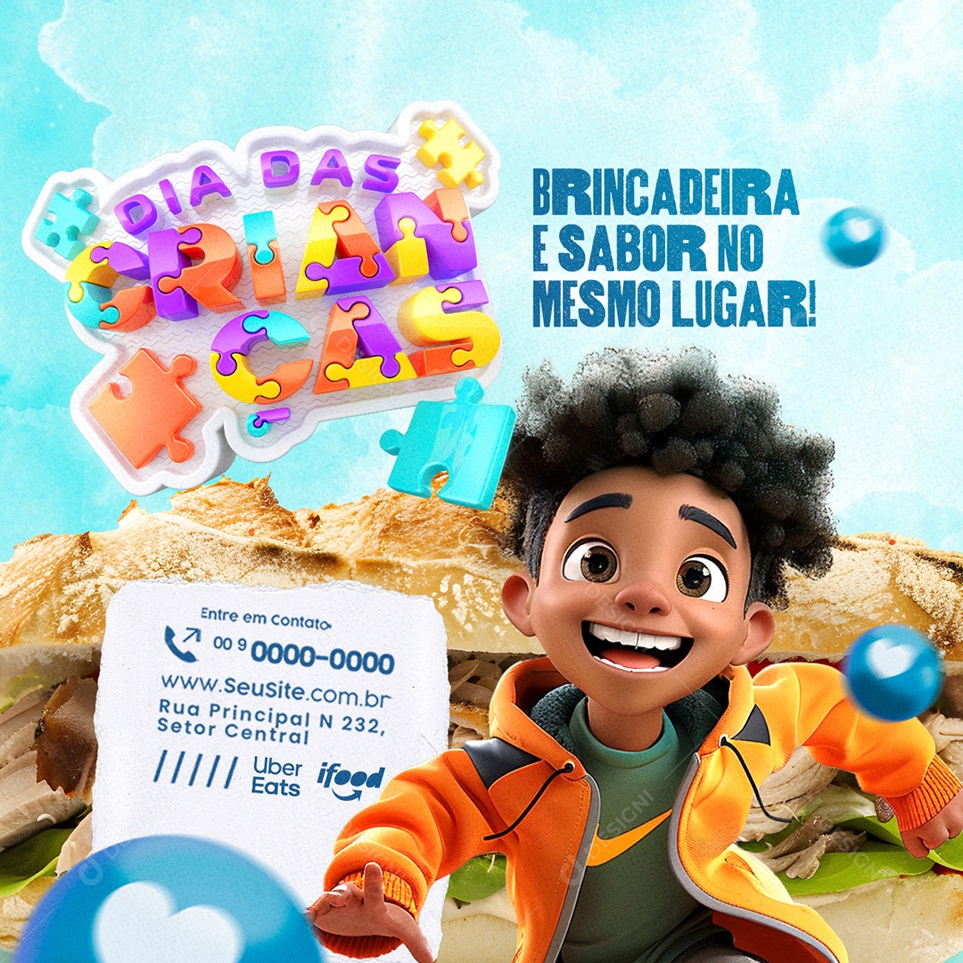 Dia das Crianças Lanchonete Brincadeira e Sabor no Mesmo Lugar Social Media PSD Editável