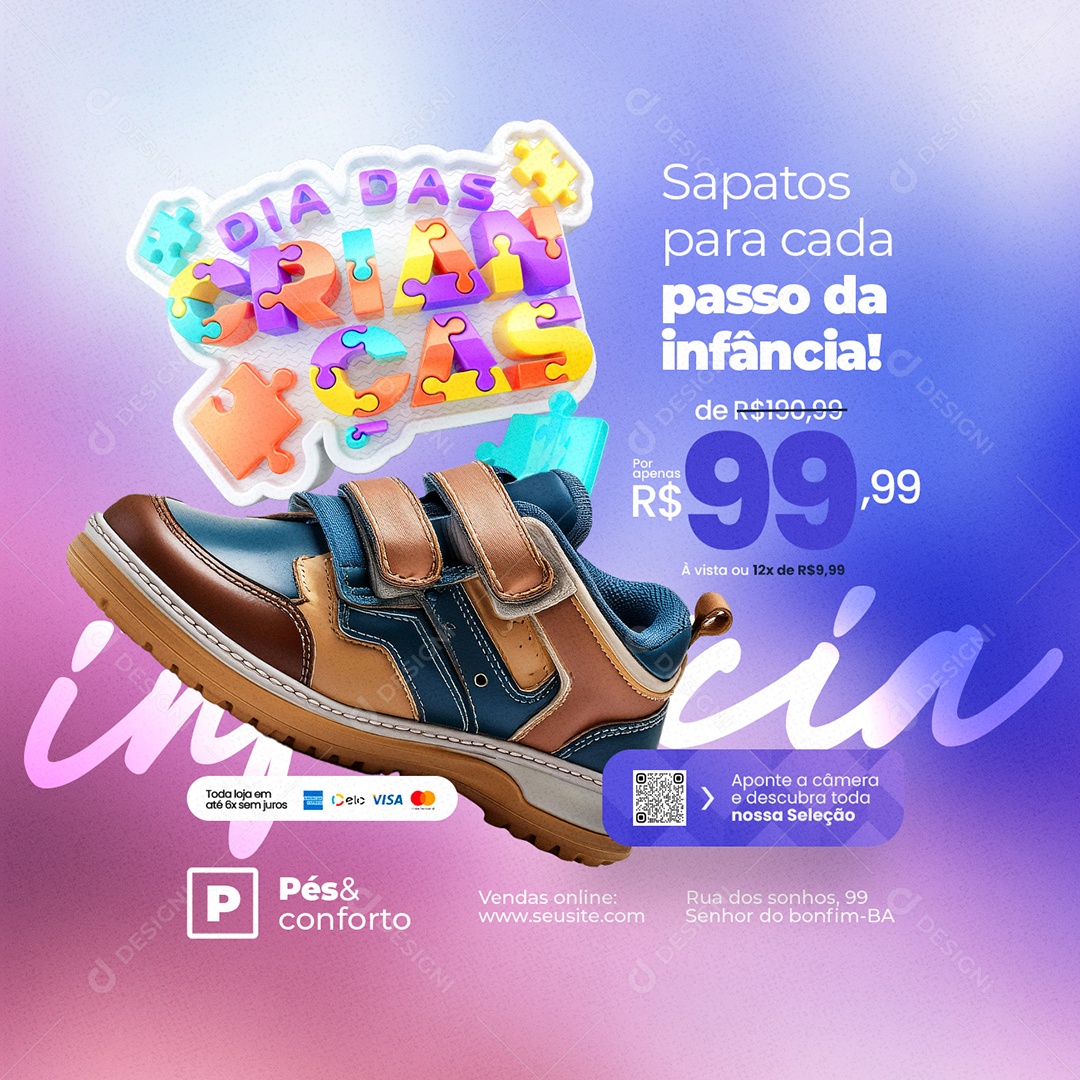 Dia das Crianças Loja de Calçados Sapatos para Cada Passo da Infância Social Media PSD Editável