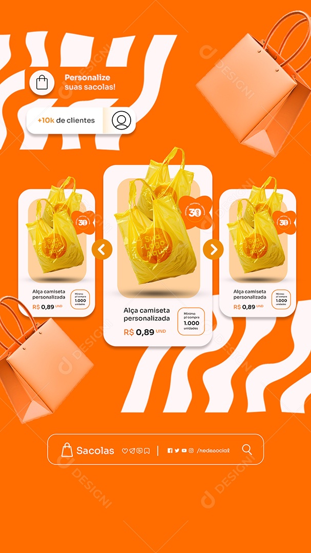 Story Embalagens Sacolas Alça Camiseta Personalizada Social Media PSD Editável
