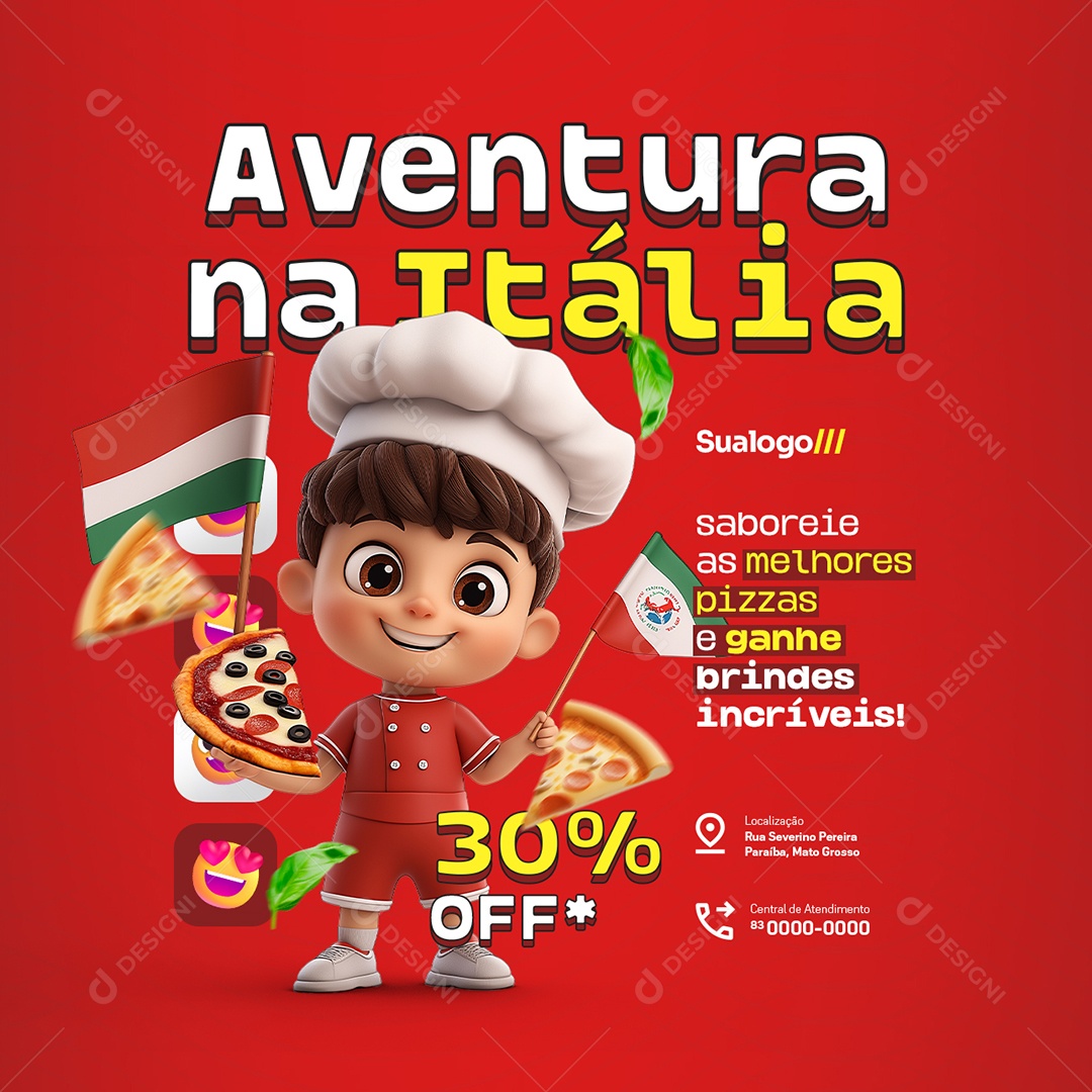 Pizzaria Dia das Crianças Aventura na Itália Social Media PSD Editável