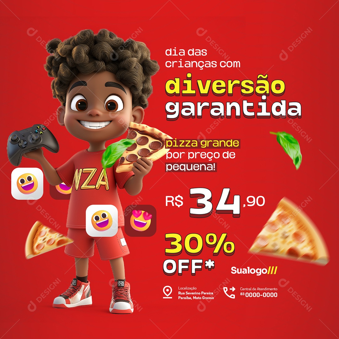 Pizzaria Dia das Crianças Diversão Garantida Social Media PSD Editável