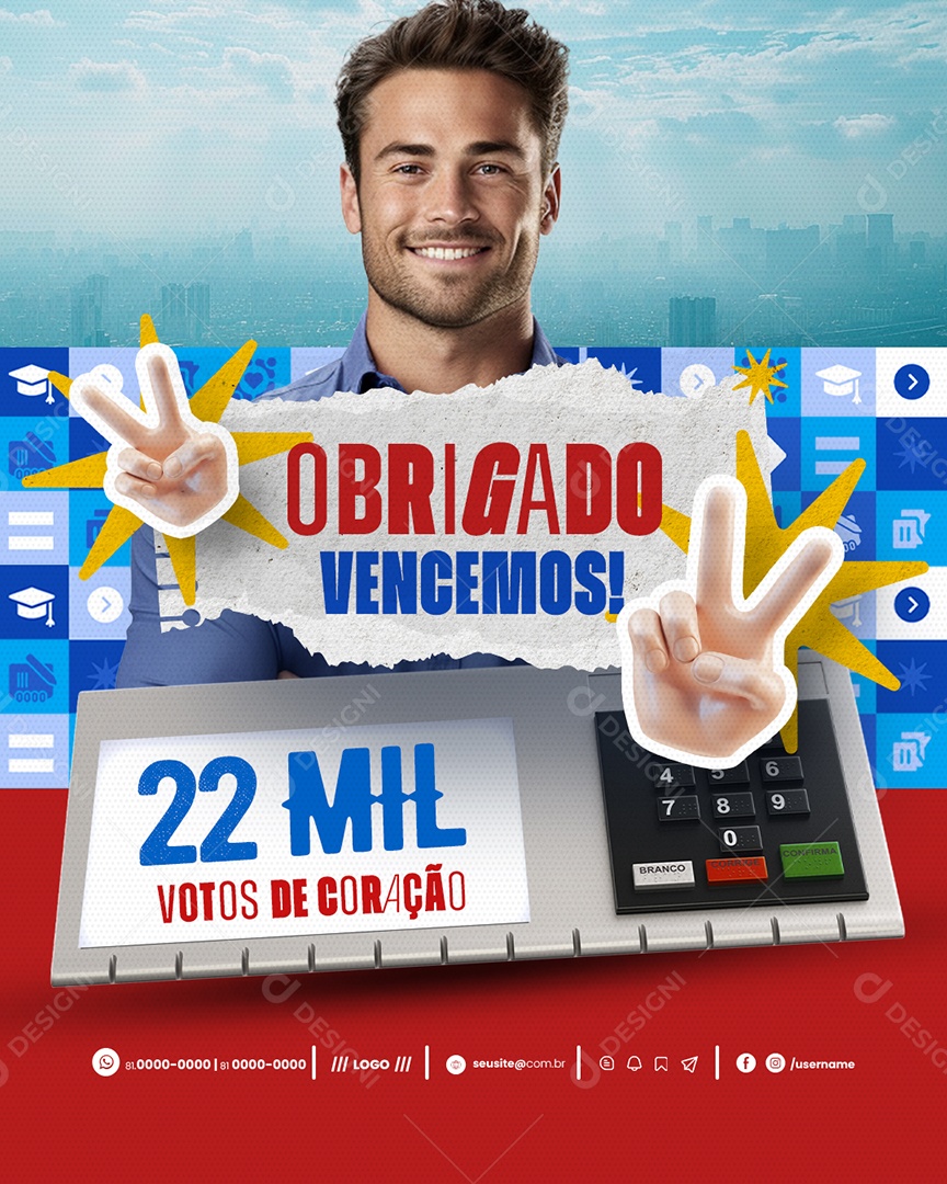 Política Obrigado Vencemos 22 Mil Votos de Coração Social Media PSD Editável