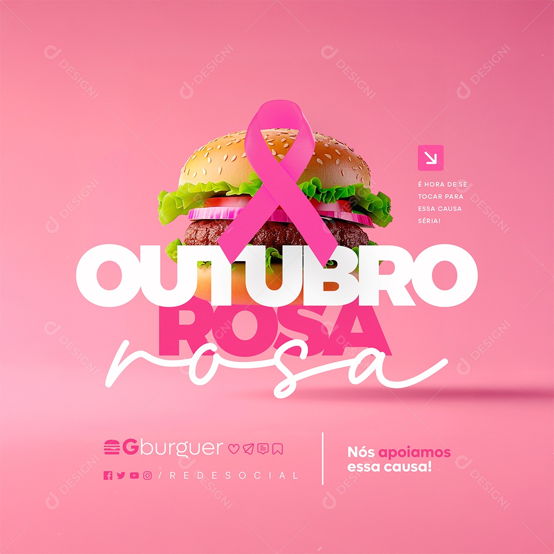 Outubro Rosa Hamburgueria é Hora de Se Tocar Social Media PSD Editável