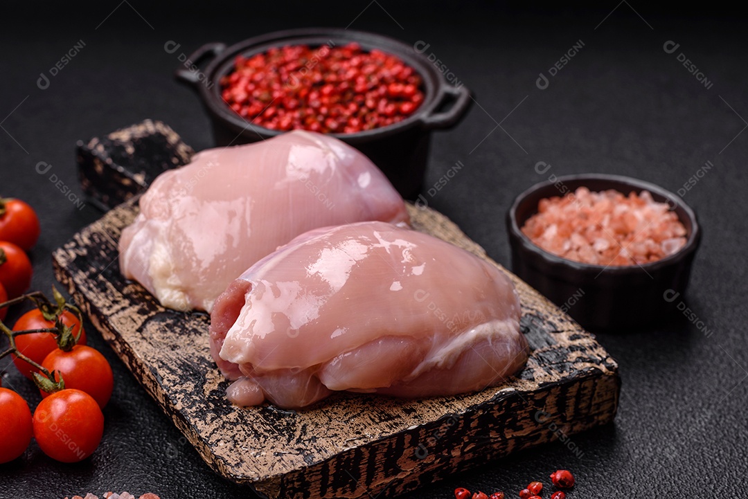 Filé de frangos frescos sobre tábua de madeira