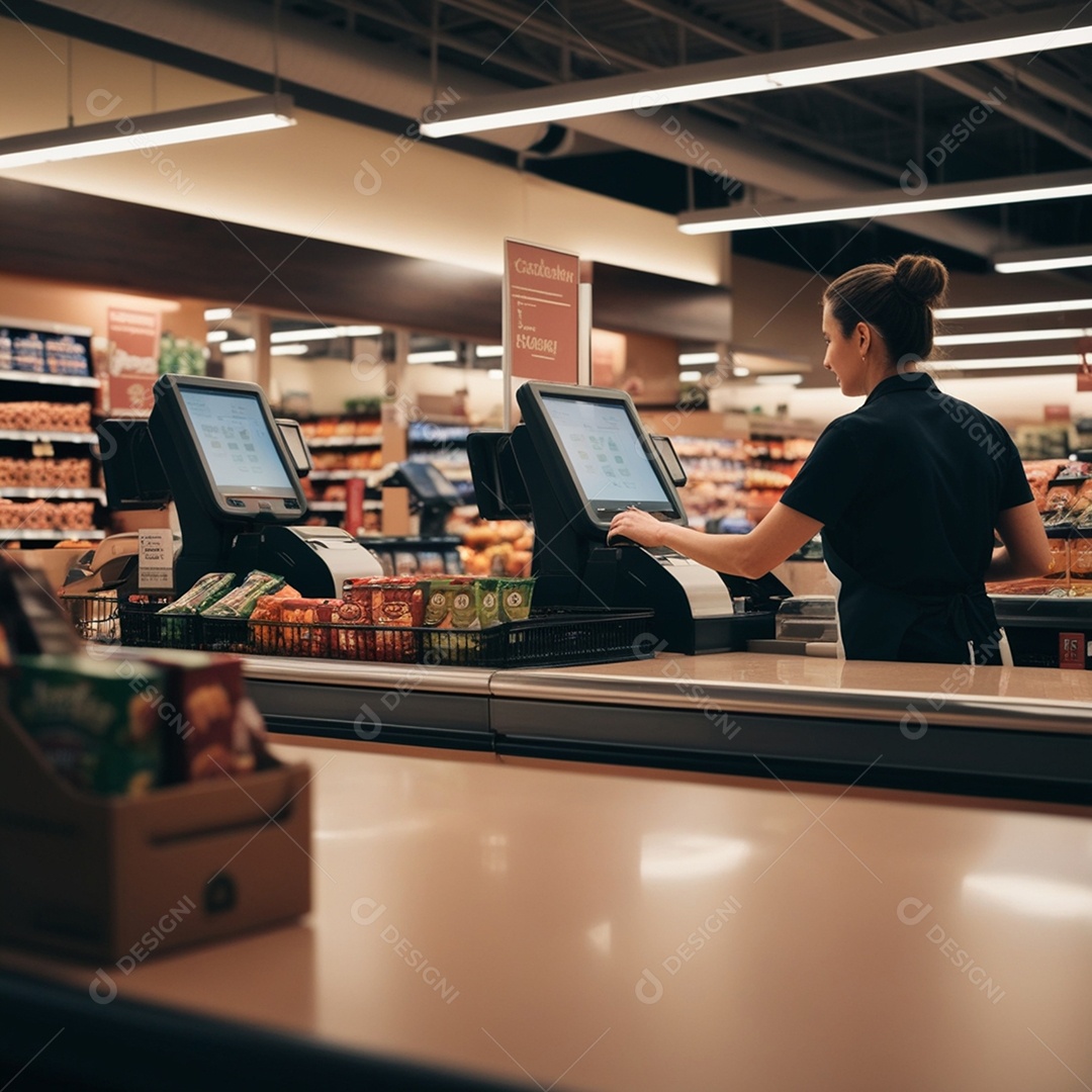 Atendente no balcão de um supermecado