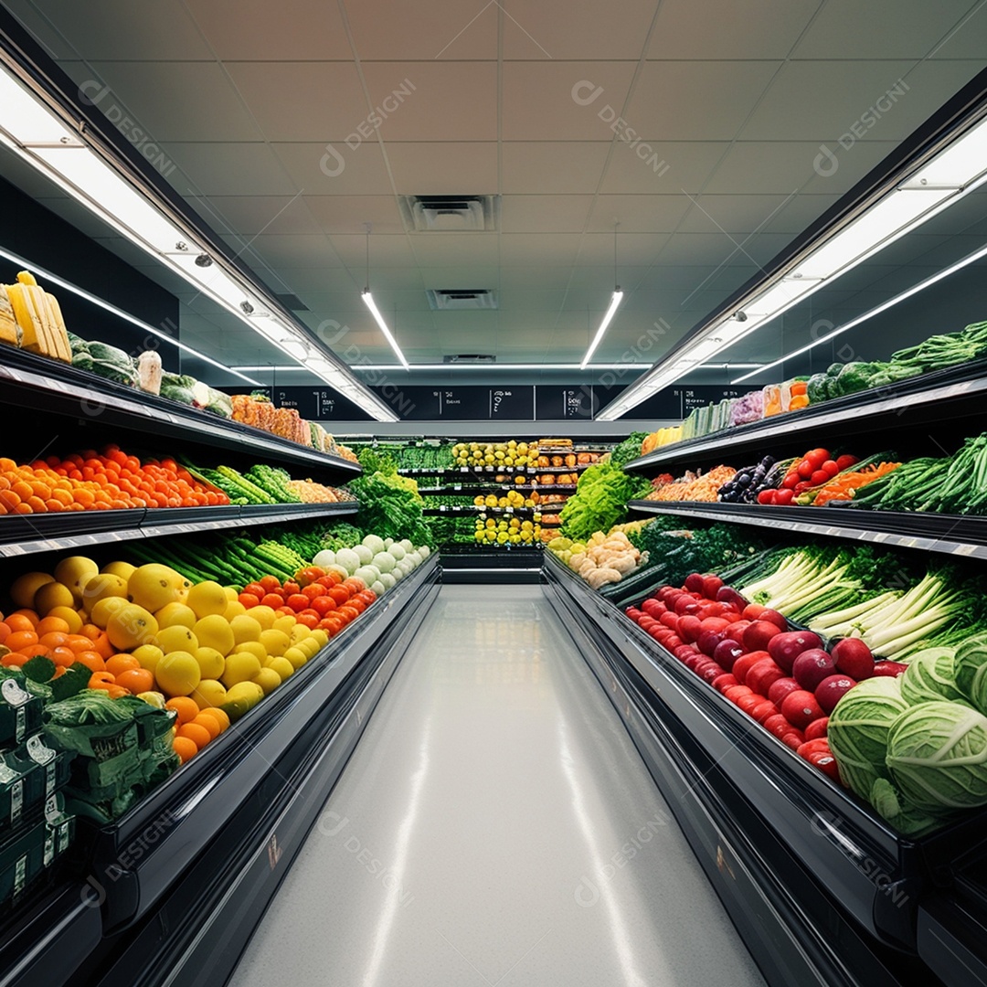 Corredor com prateleiras de um supermecado