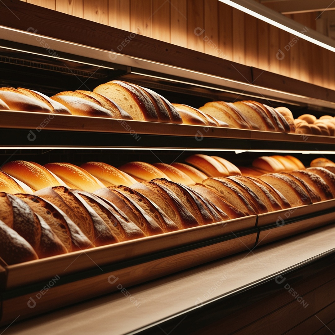 Pães deliciosos na vitrine seca de uma padaria