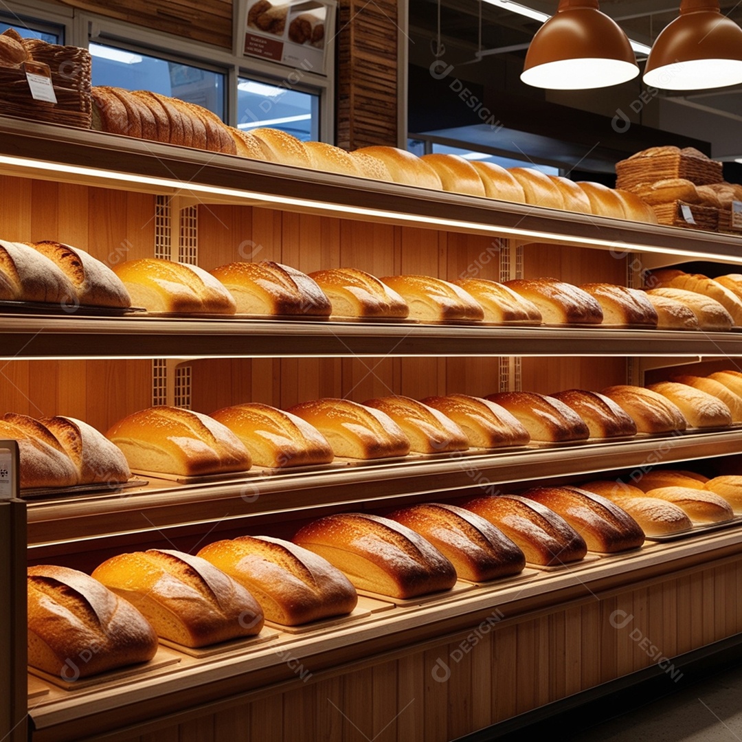 Vitrine seca com bolos em uma padaria