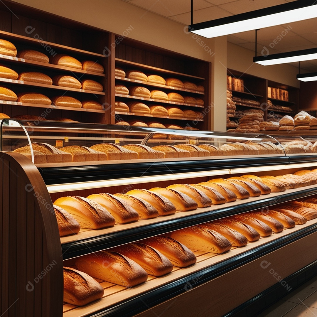 Vitrine seca com bolos em uma padaria