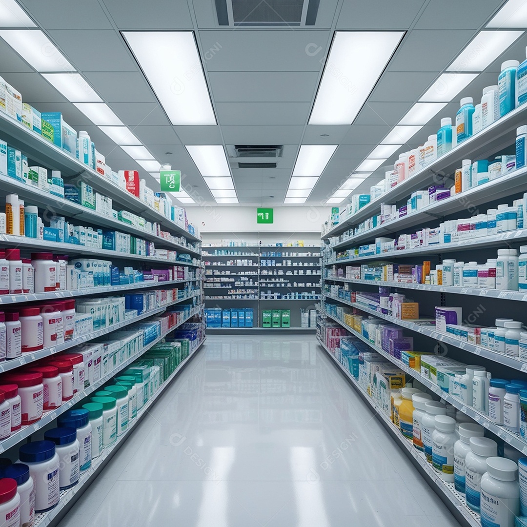 Farmácia com muitos produtos nas prateleiras