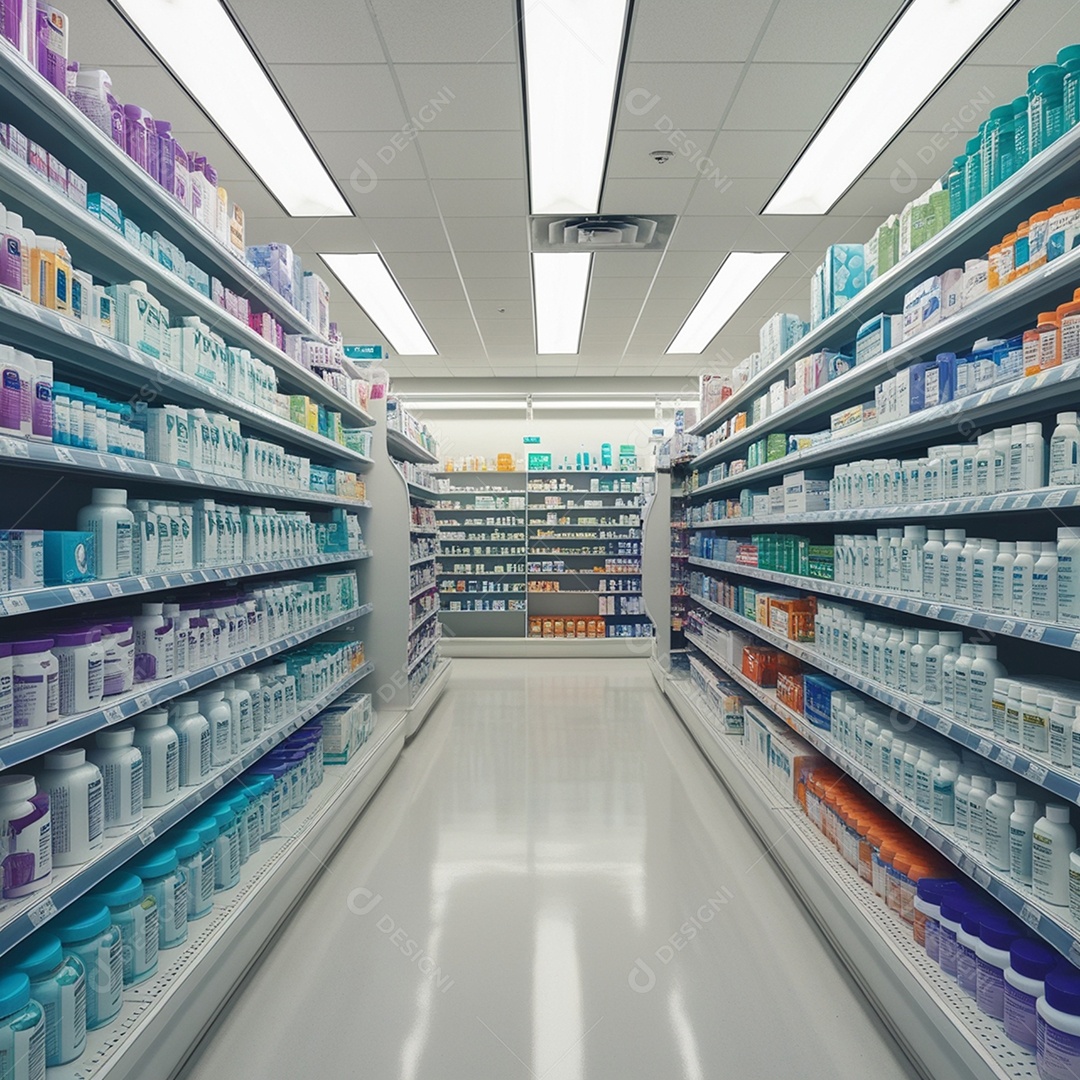 Corredor de uma farmácia bem iluminado