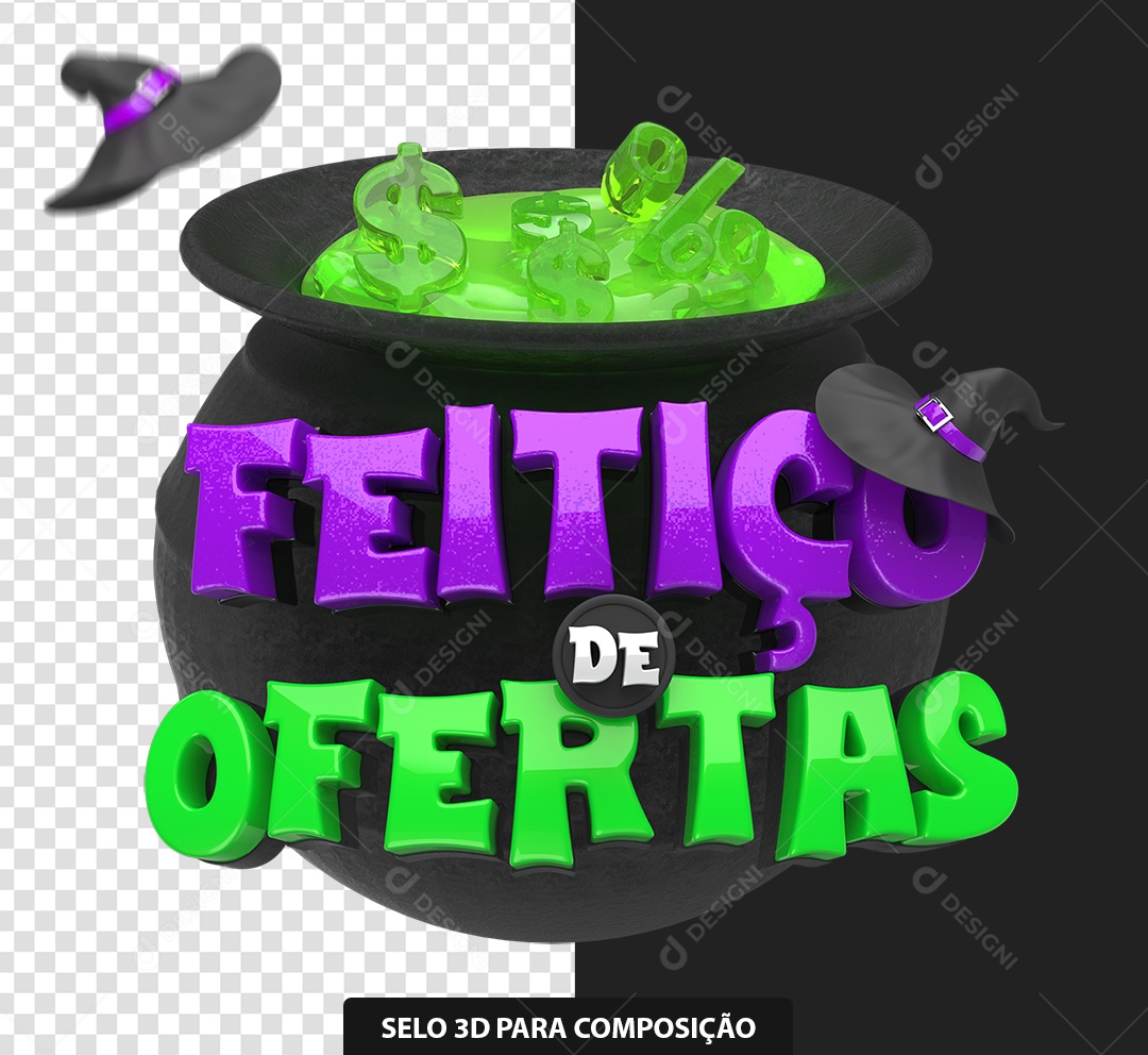 Feitiço de Ofertas Selo 3D Roxo e Verde para Composição PSD