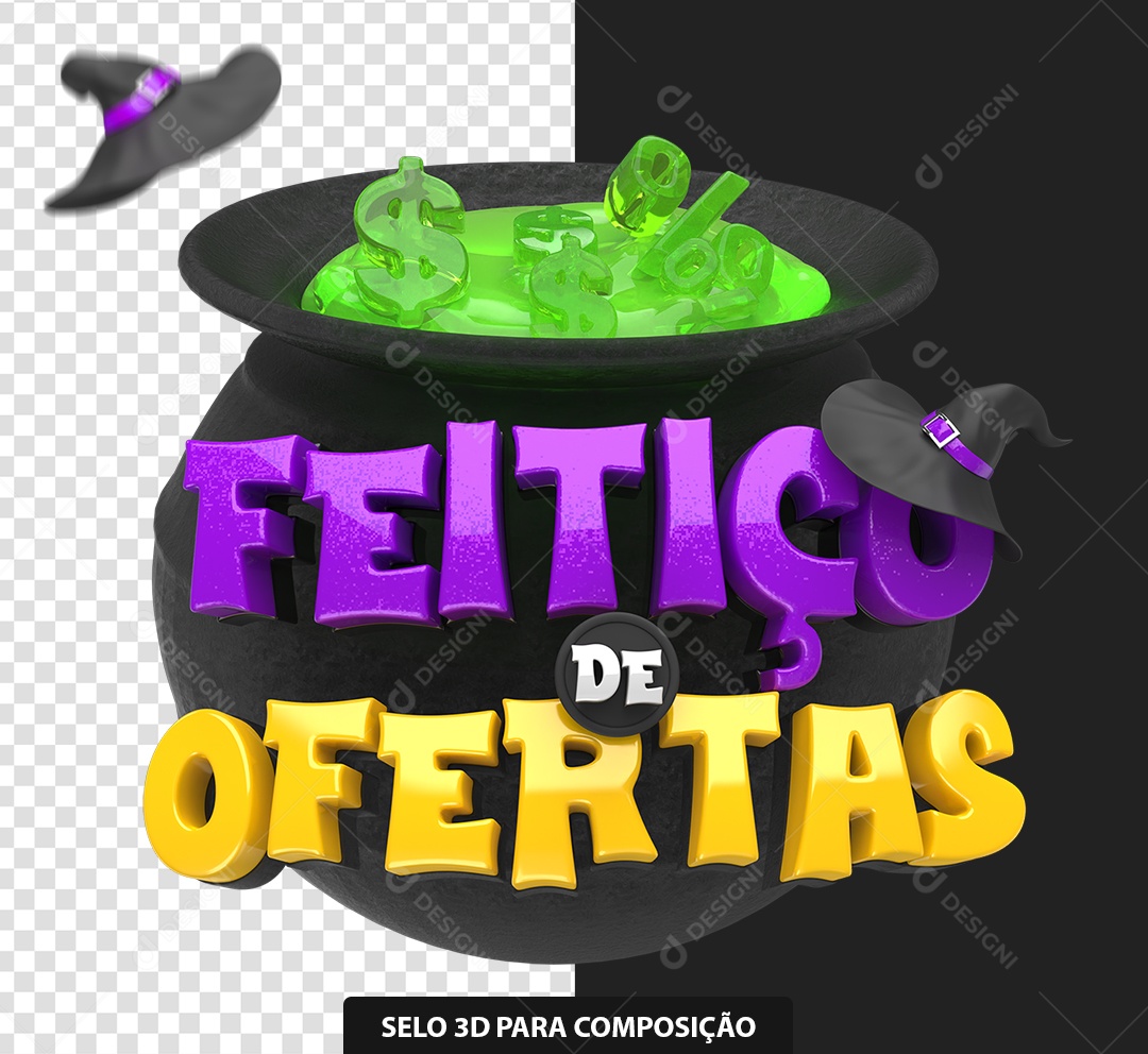 Feitiço de Ofertas Selo 3D Roxo e Amarelo para Composição PSD