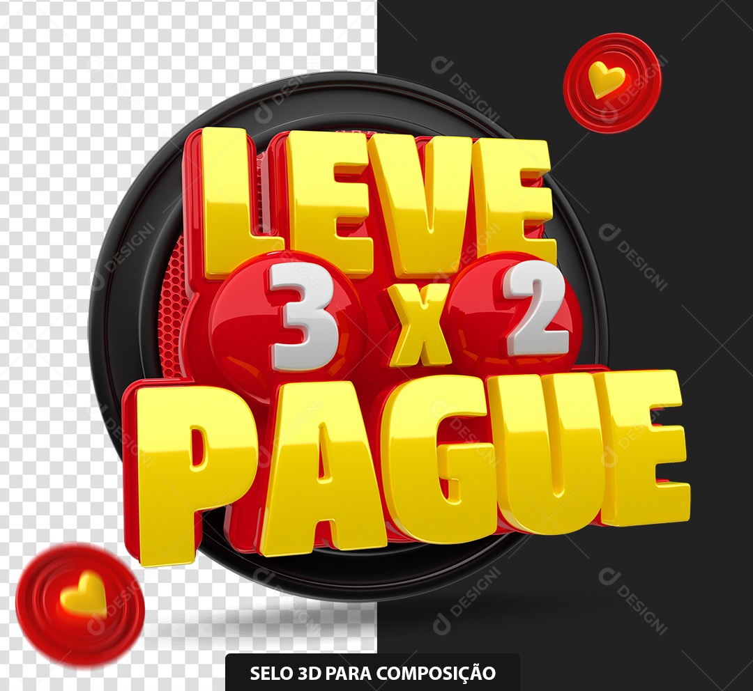 Selo 3D Leve Mais Pague Menos Preto Vermelho e Amarelo para Composição PSD