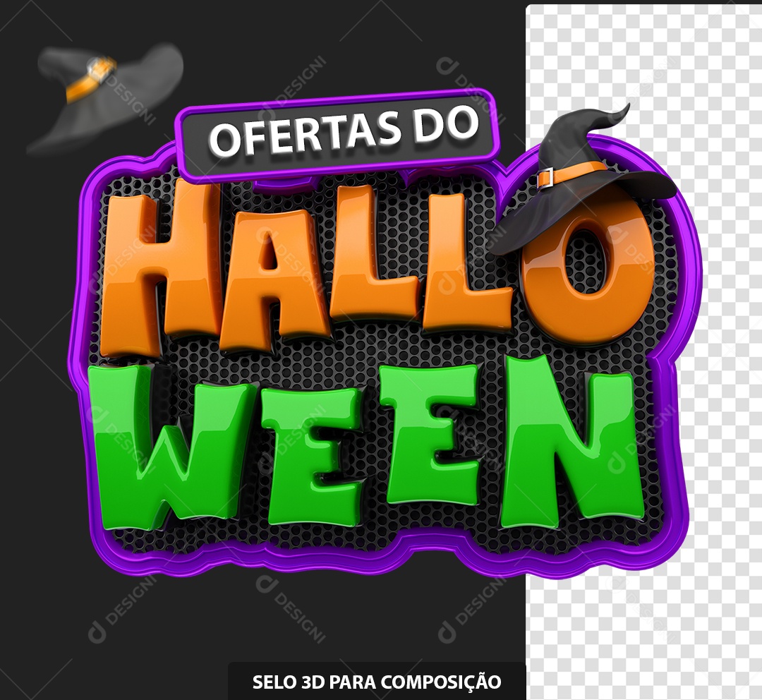 Selo 3D Ofertas do Halloween Laranja e Verde para Composição PSD