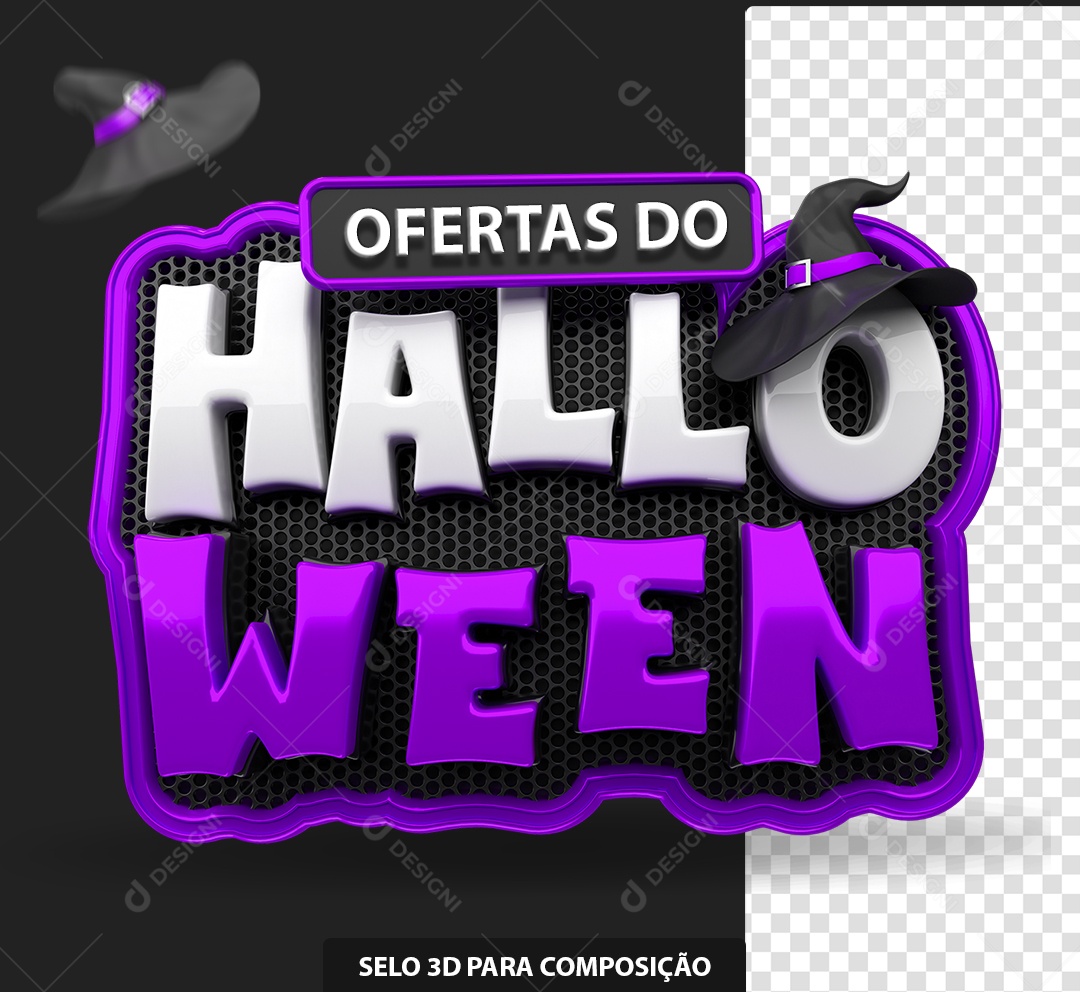 Ofertas do Halloween Selo 3D Roxo e Branco para Composição PSD