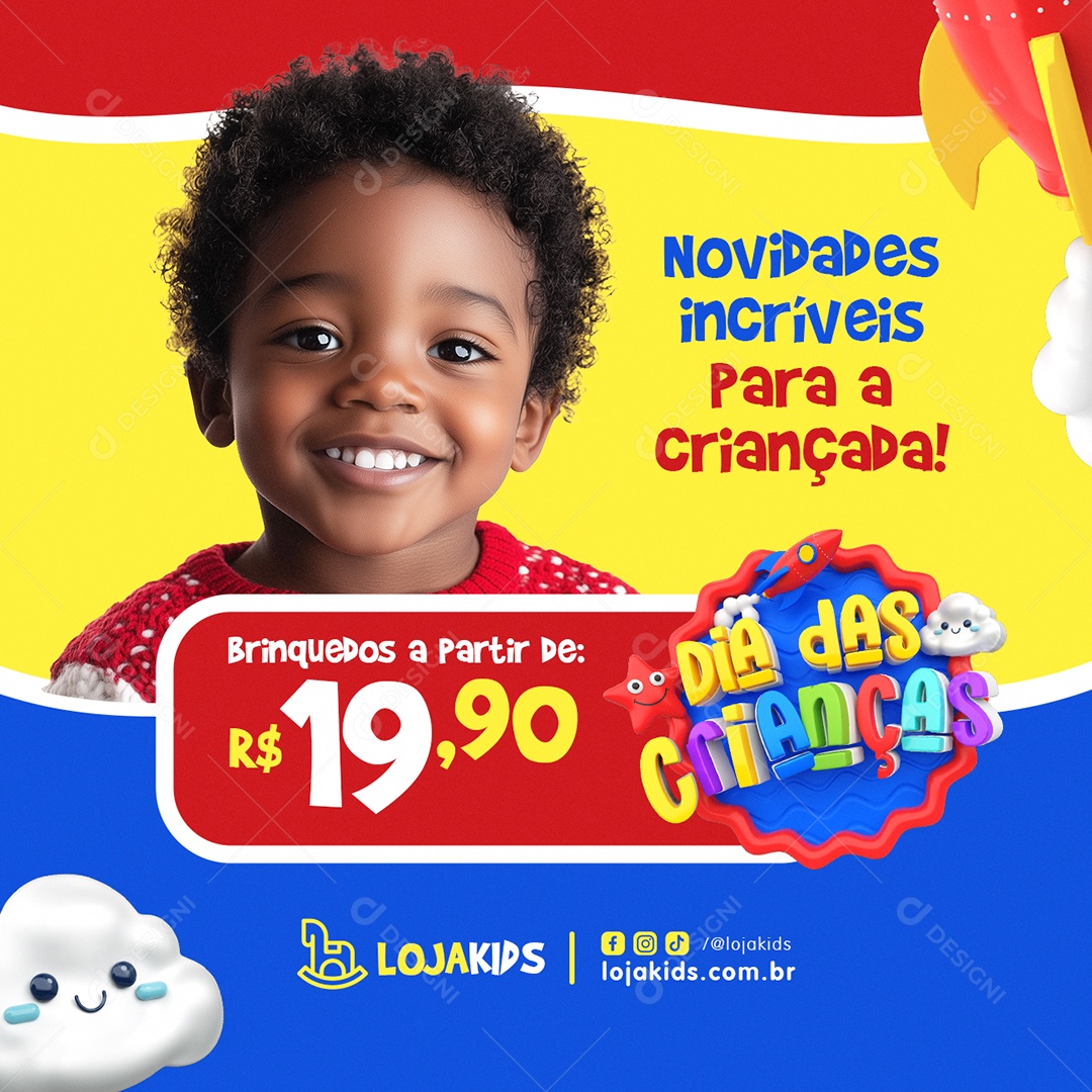 Loja de Brinquedos Dia das Crianças Novidades Incríveis Social Media PSD Editável