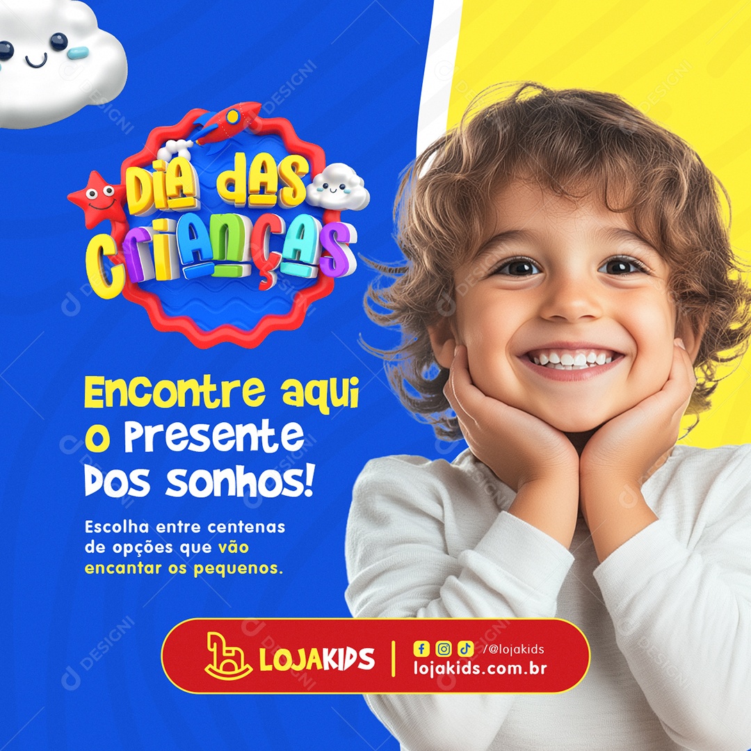 Loja de Brinquedos Dia das Crianças Encontre o Presente dos Sonhos Social Media PSD Editável