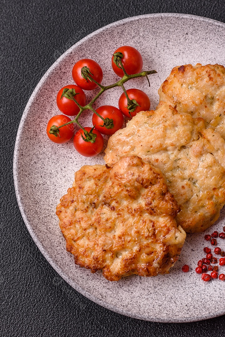 Deliciosa carne a milanesa sobre prato branco mesa concreto