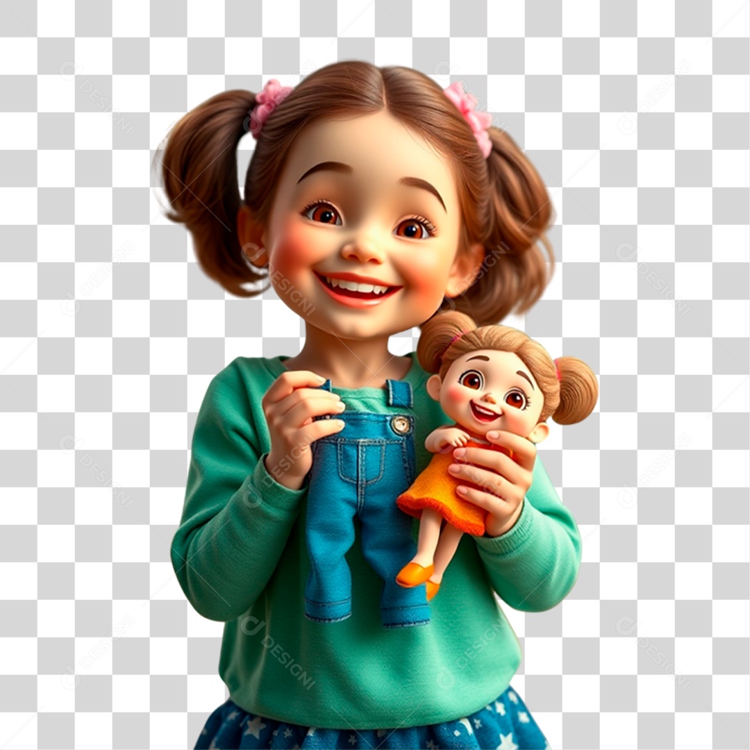 Personagem Criança Feliz Briincando De Boneca 3D PNG Transparente