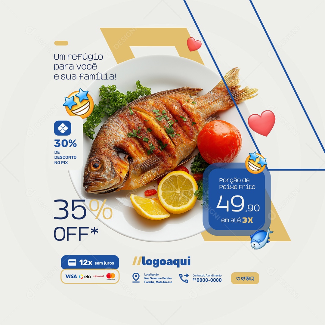 Pesquepague Porção de Peixe Frito 35% Off Social Media PSD Editável