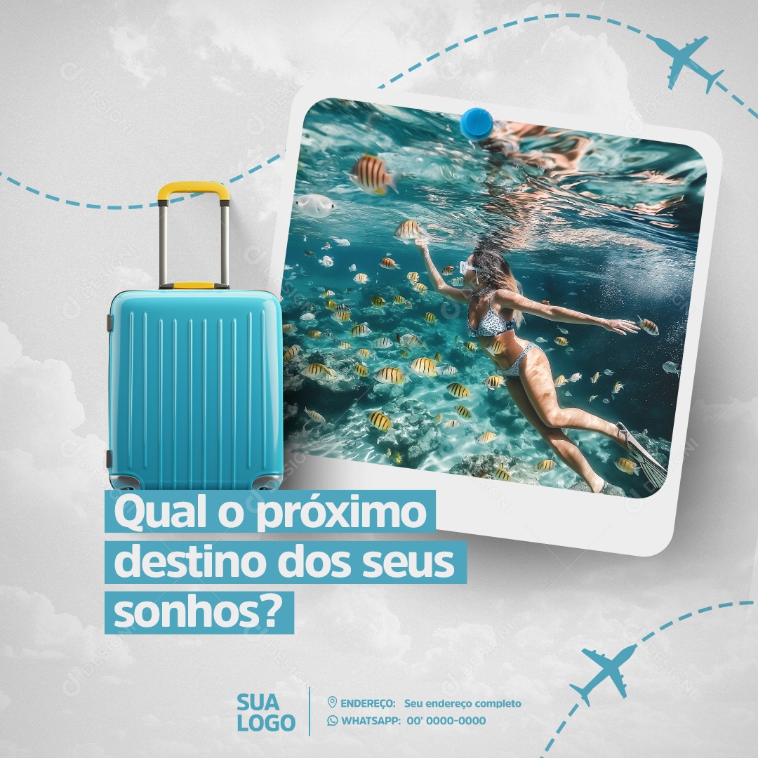 Agência de Viagens Qual o Próximo Destino dos Seus Sonhos Social Media PSD Editável