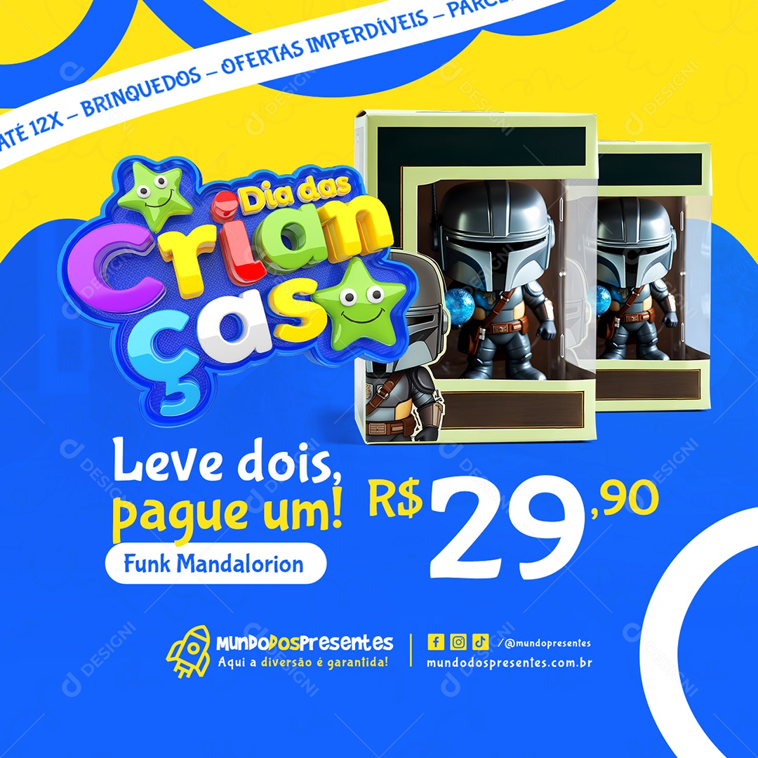 Dia das Crianças Loja de Brinquedos Leve Dois Pague Um Social Media PSD Editável