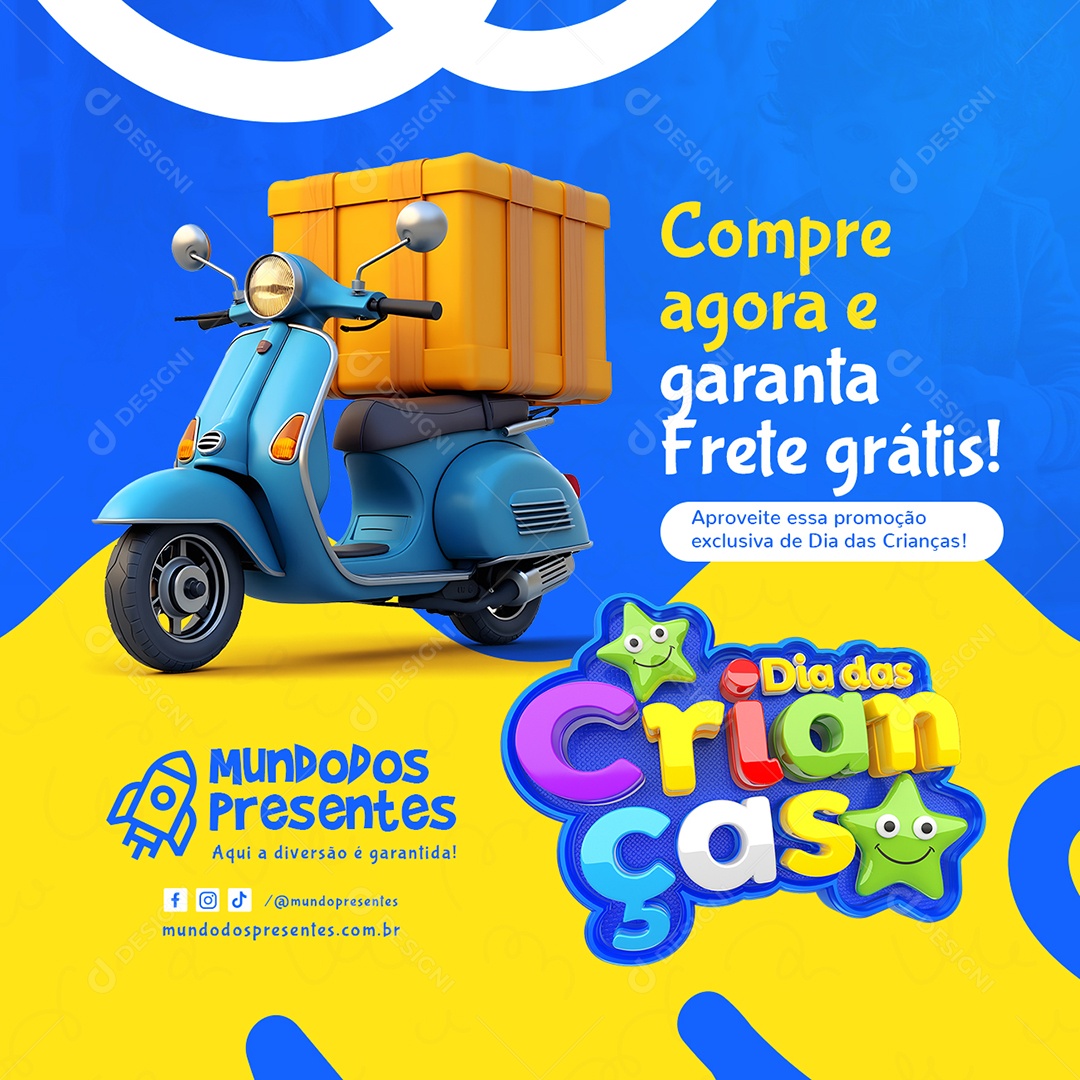 Dia das Crianças Loja de Brinquedos Compre Agora e Garanta Frete Grátis Social Media PSD Editável