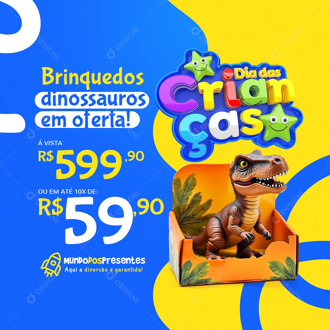 Dia das Crianças Loja de Brinquedos Dinossauros em Oferta Social Media PSD Editável
