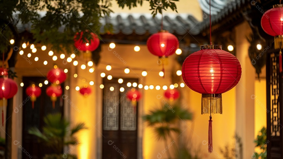 Casa decorada com lanternas e luminárias chinesas