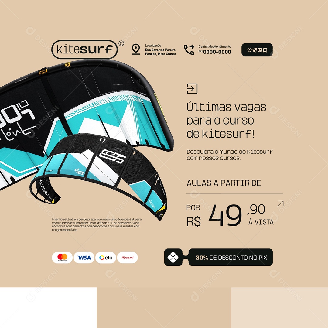 Kite Surf Aulas 30% De Desconto no Pix Social Media PSD Editável