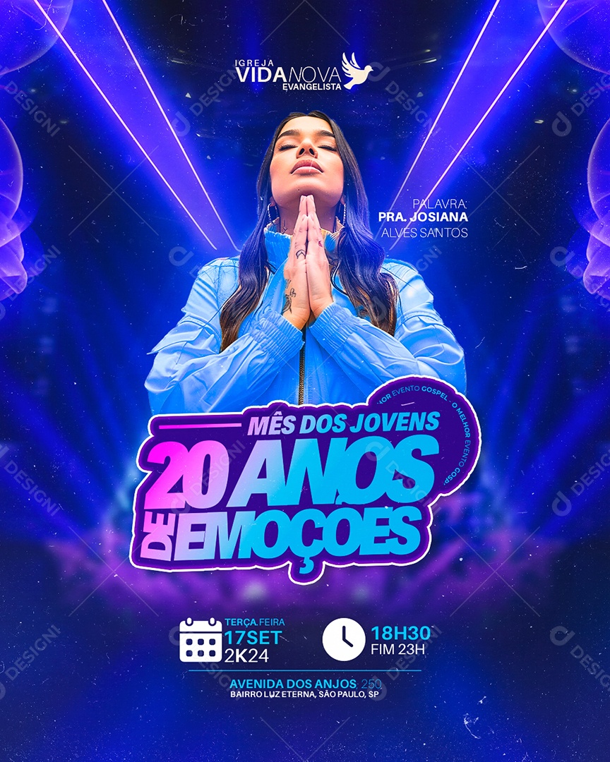 Flyer Gospel Mês dos Jovens 20 Anos de Emoções Social Media PSD Editável