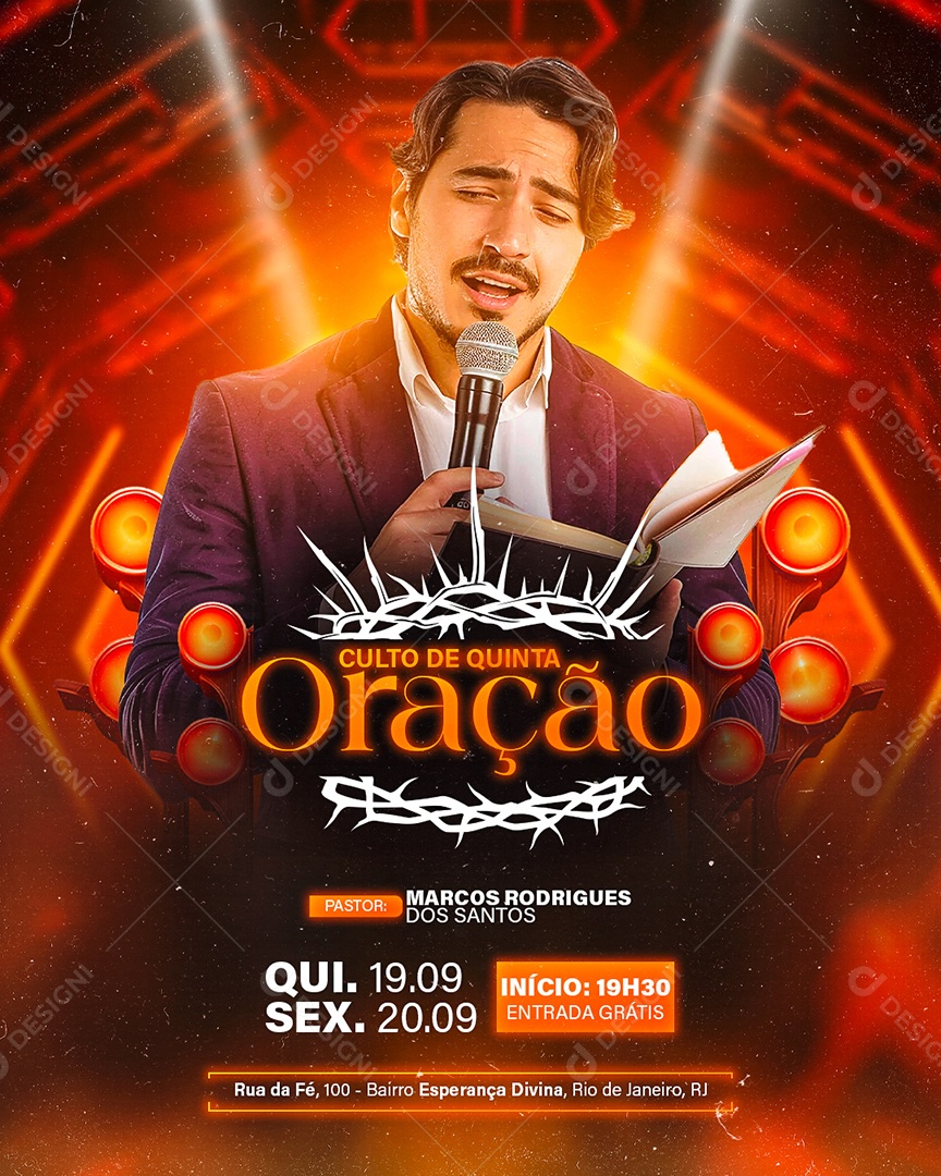 Flyer Gospel Culto de Quinta Oração Social Media PSD Editável