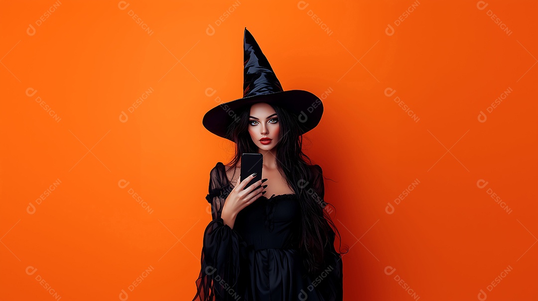 Uma mulher com fantasia de bruxa para o halloween