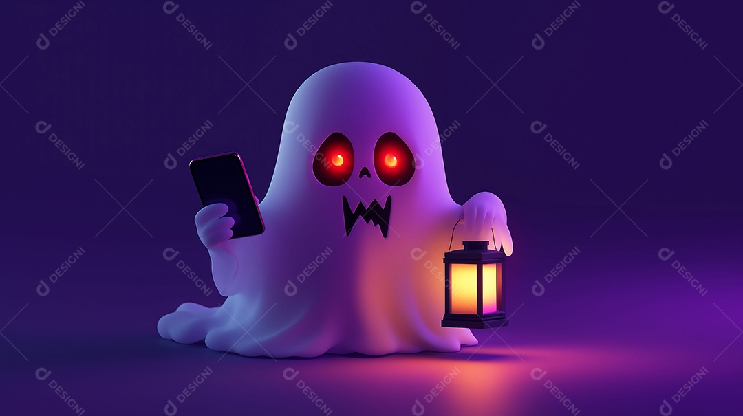 Fantasminha com luminária e celular para o halloween