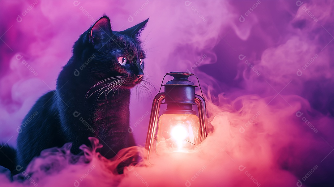 Gato preto com luz e muita fumaça