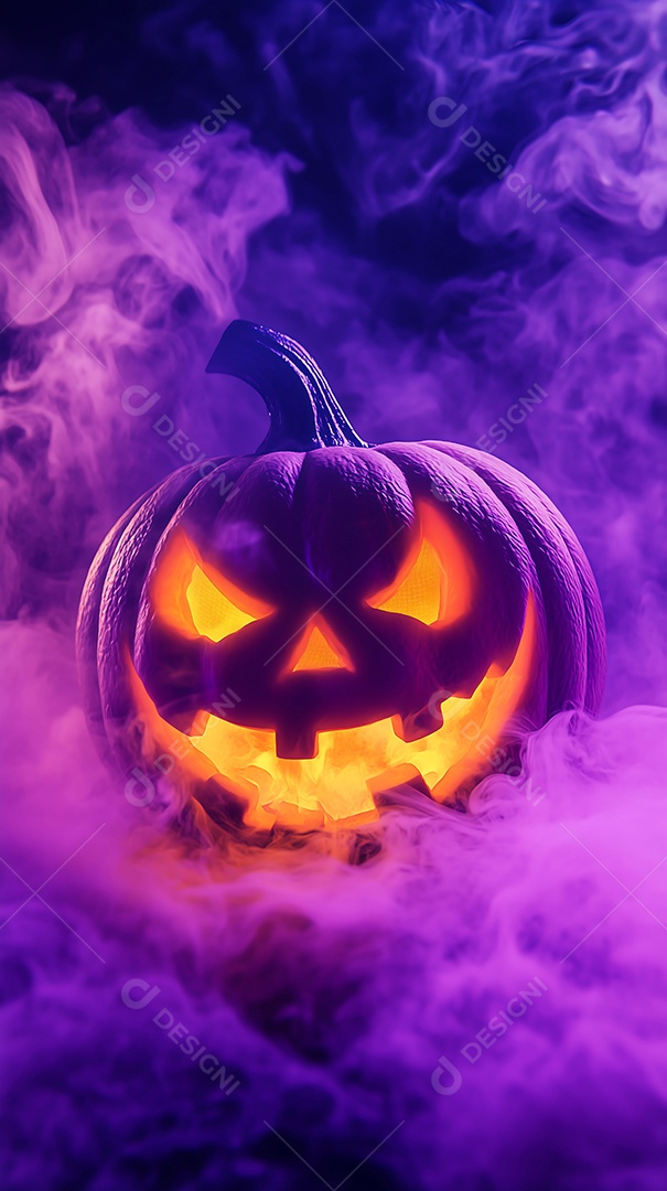 Cenário de ábobora com fumaças e luzes para halloween