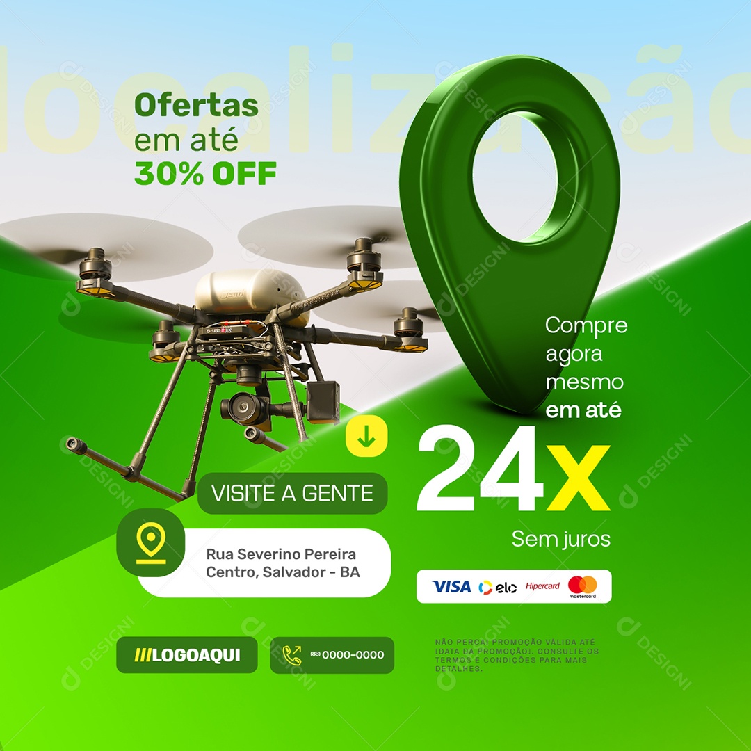 Localização Drones Ofertas em Até 30% Off Social Media PSD Editável