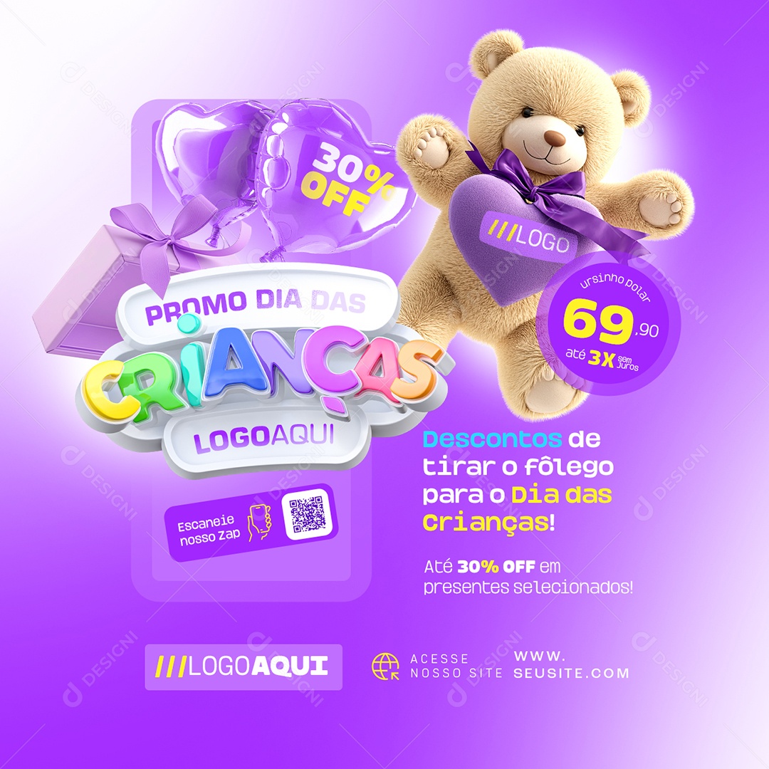 Presentes Promo Dia das Crianças Ursinho Dolar Social Media PSD Editável