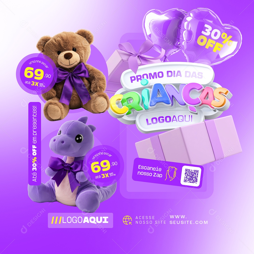 Presentes Promo Dia das Crianças Até 30% Off Social Media PSD Editável