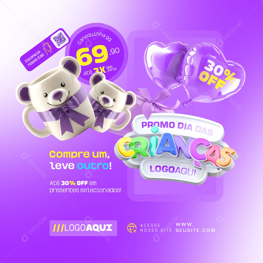Presentes Promo Dia das Crianças Compre Um Leve Outro Social Media PSD Editável