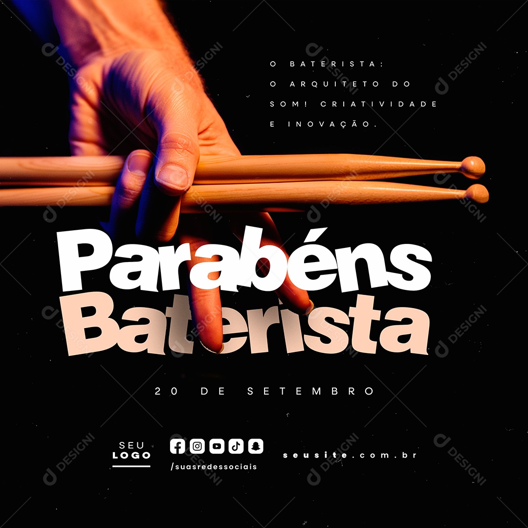 Dia do Baterista 20 de Setembro Parabéns Social Media PSD Editável