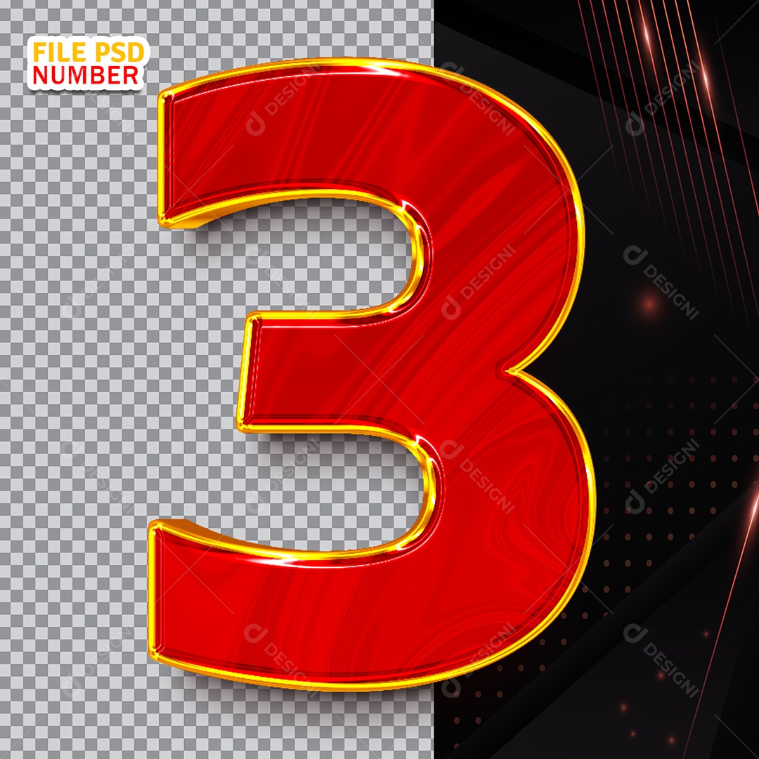 Número 3 Elemento 3D Vermelho Para Composição PSD