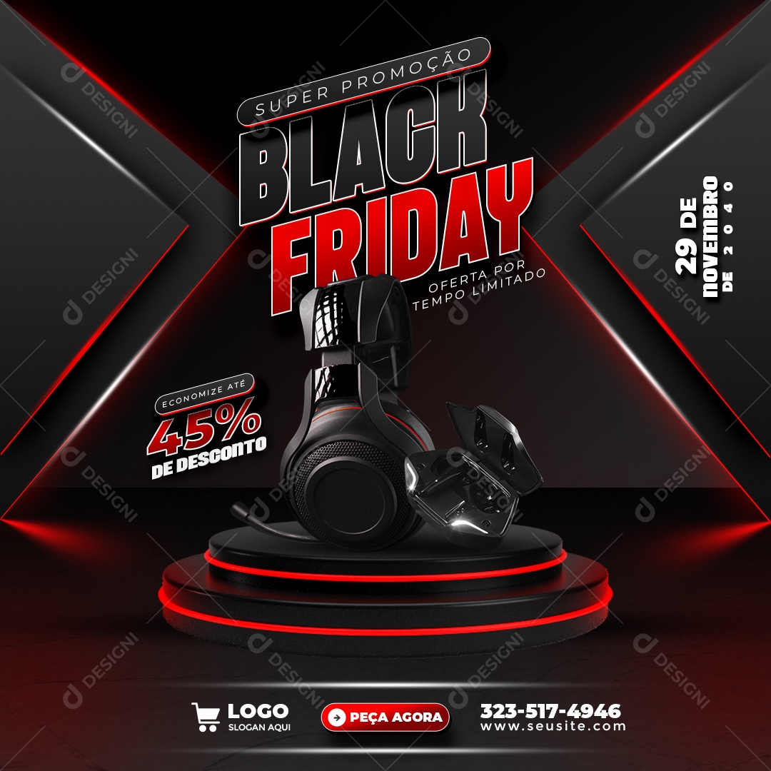 Promoção de Black Friday Oferta de Fones de Ouvido Social Media PSD Editável