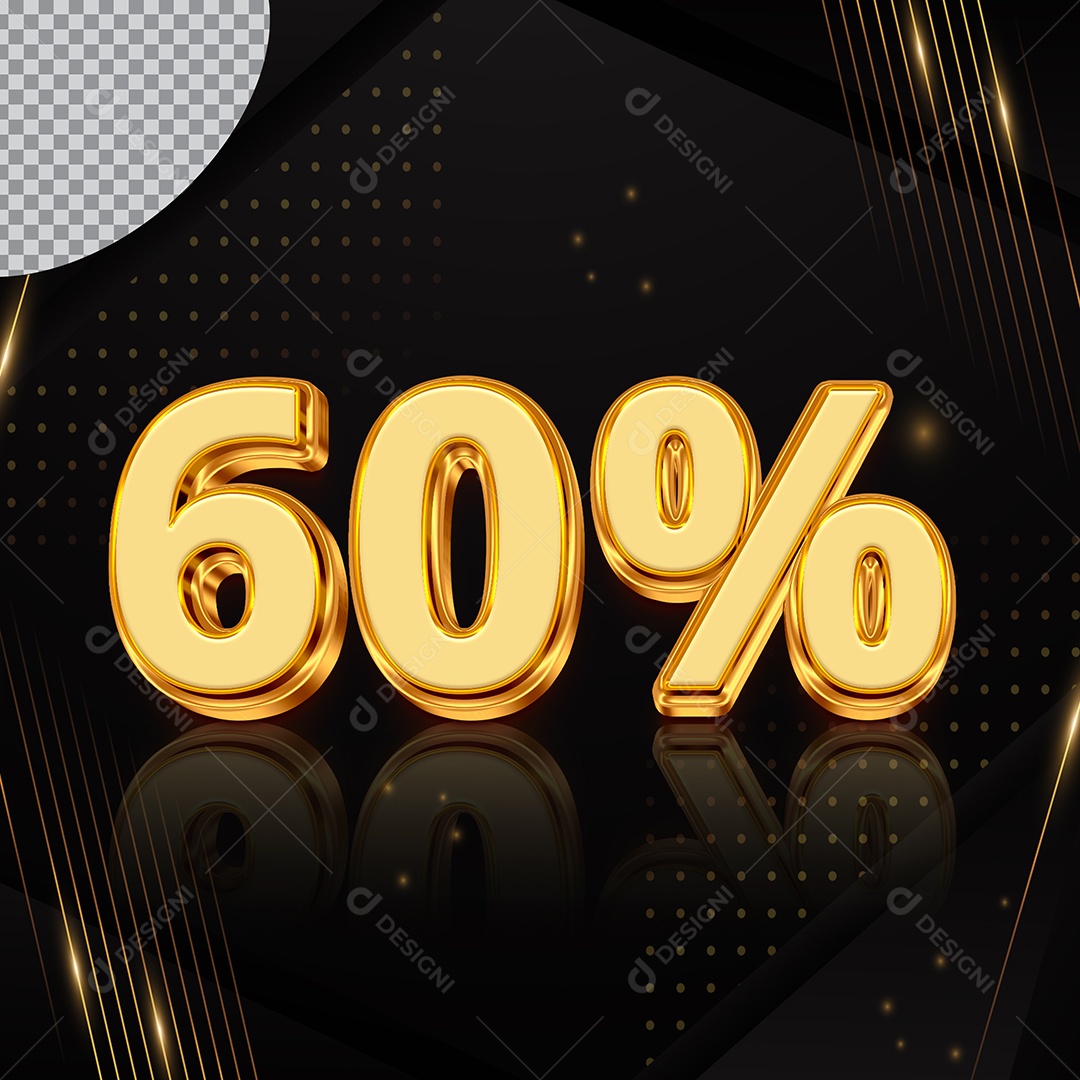 Elemento 3D Número 60% Desconto Dourado para Composição PSD
