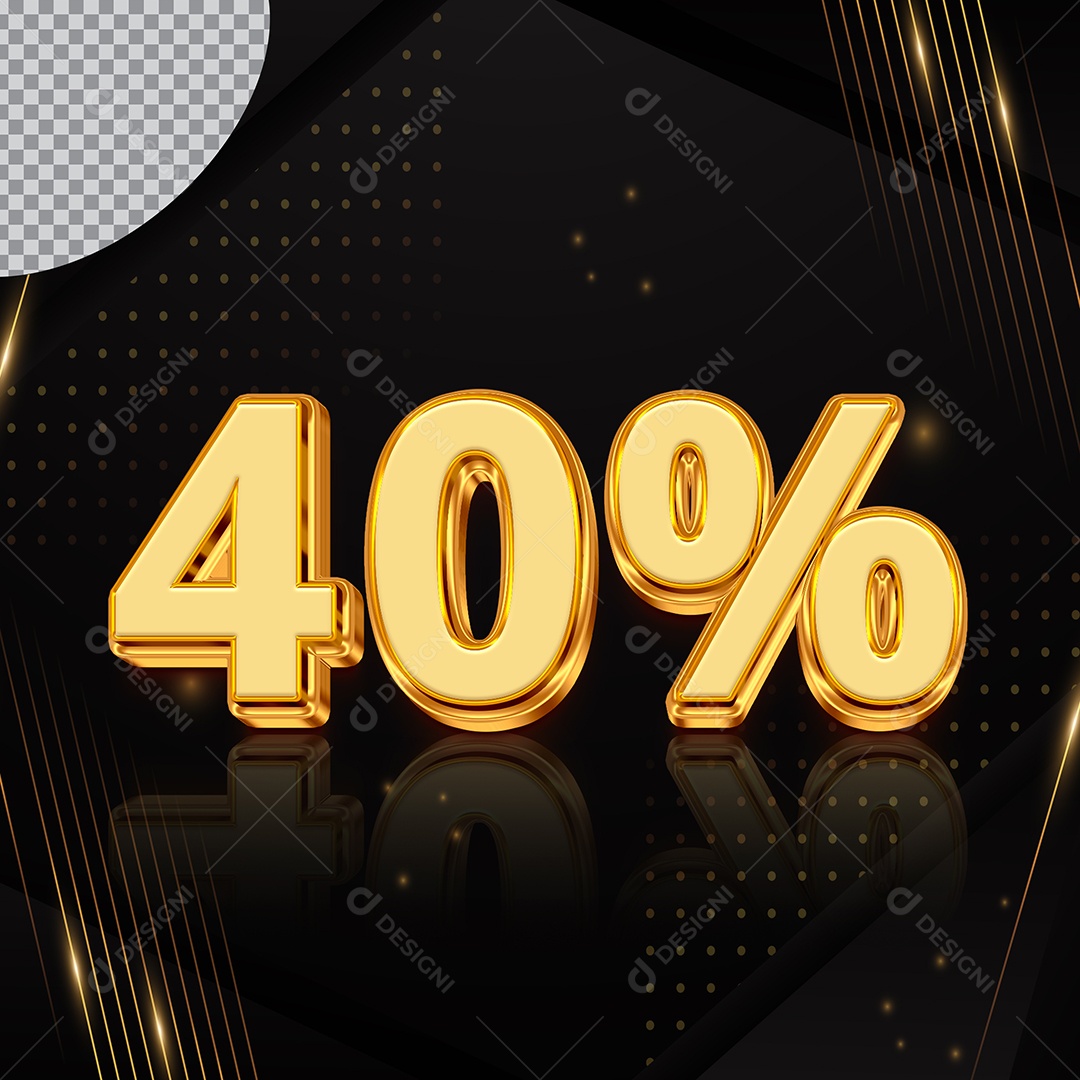 Elemento 3D Número 40% Desconto Dourado para Composição PSD